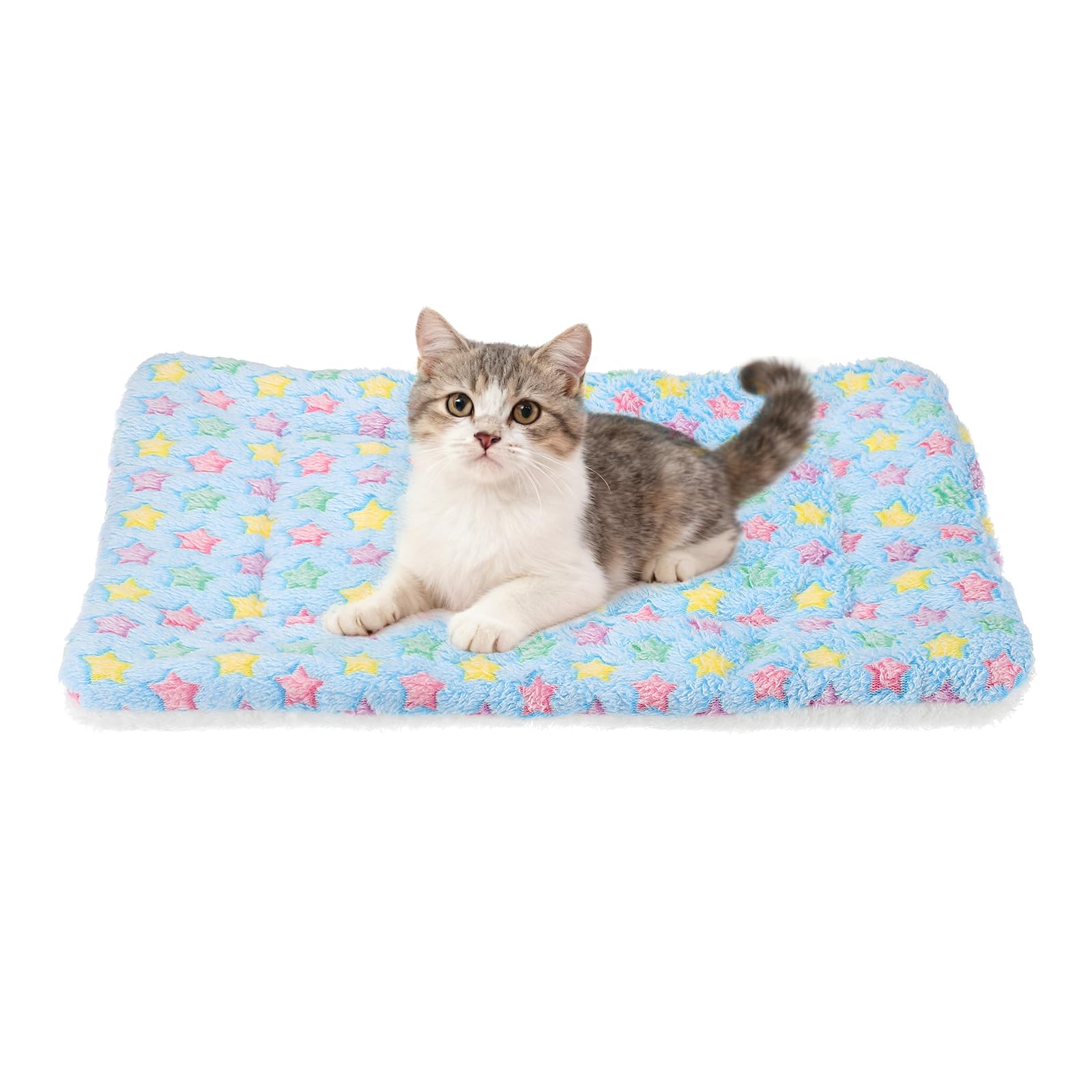 sourcing map Dog Cat Bed Mat, Soft Coral Fleece Pet Cushion Pad with Cute Star Print, Warm Washable Pet Bed 19x13 Inches, (Blue), Intended for Medium Small Dog Cat