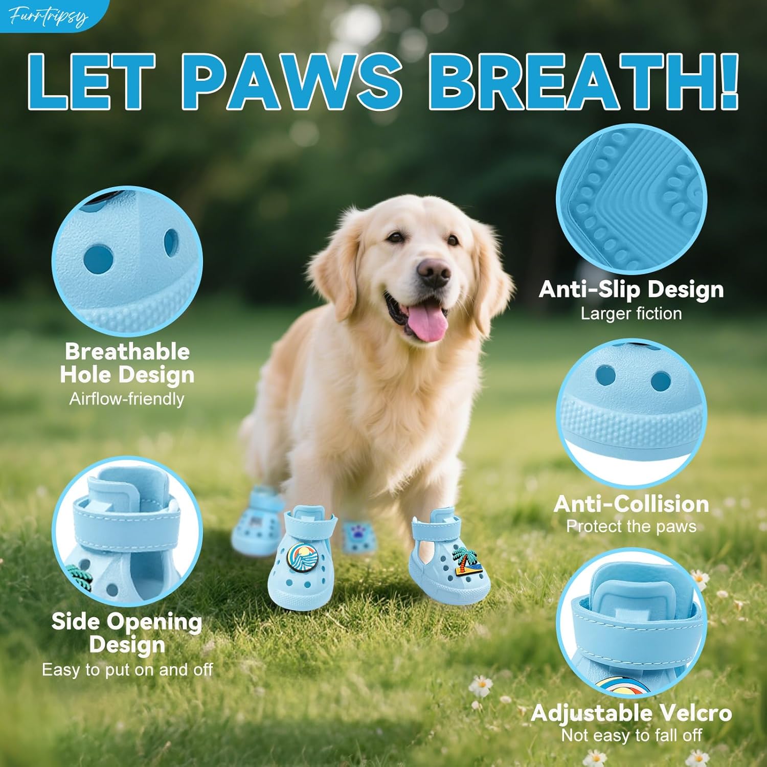 Dog Shoes,Non-Slip Waterproof Sandals for Hot Pavement, Breathable Perforated Boots,Adjustable Straps Dog Rain Booties for Summer Beach and Rainy Day(Blue,#8)