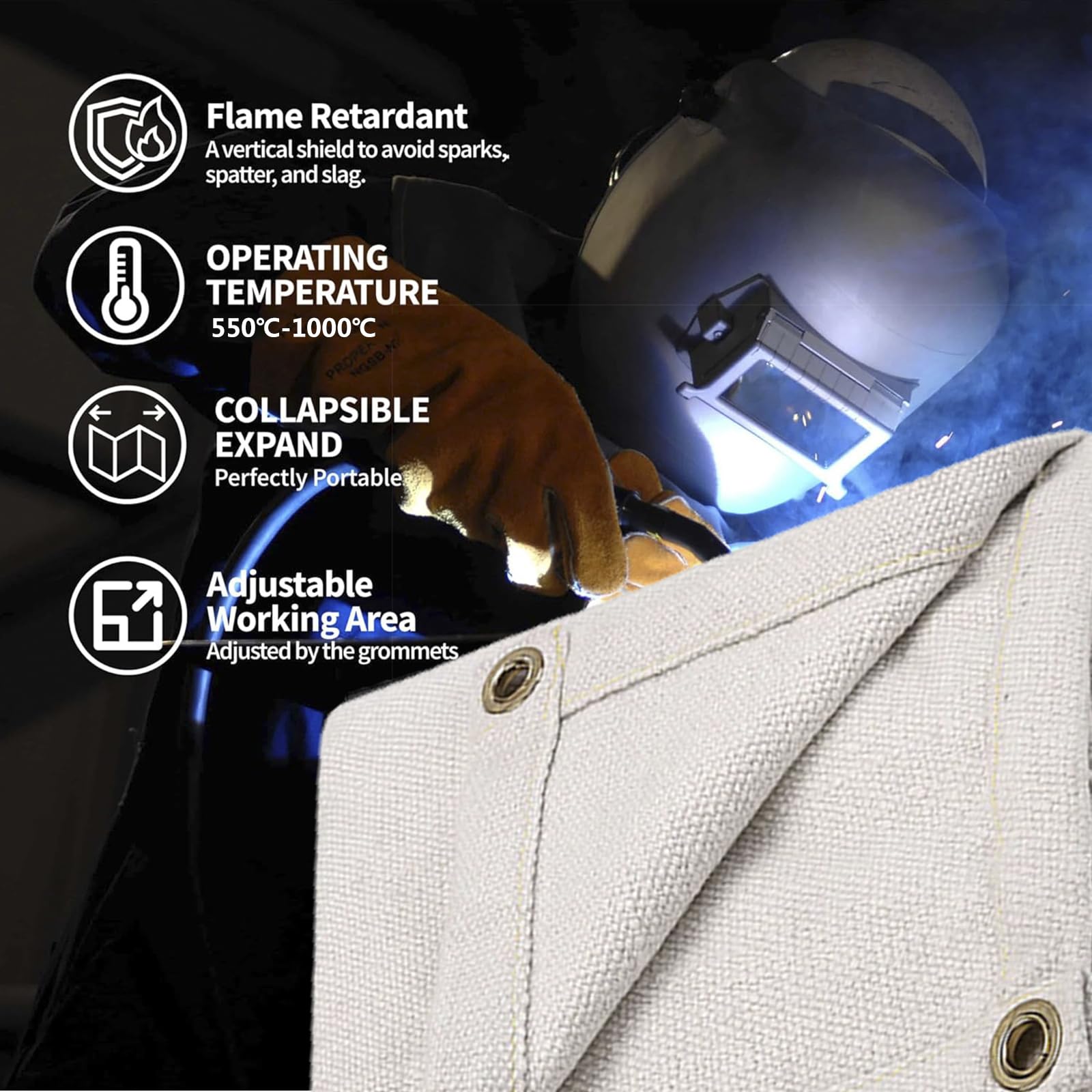 Manta de Soldadura Ignífuga con Ojales, Manta Cortafuegos de Fibra de Vidrio Resistente hasta 1000 ℃, Manta de Fuego para Hogar,Cocina,Chimenea,Almacén,Automóviles,1.2x1.8M/4x6FT