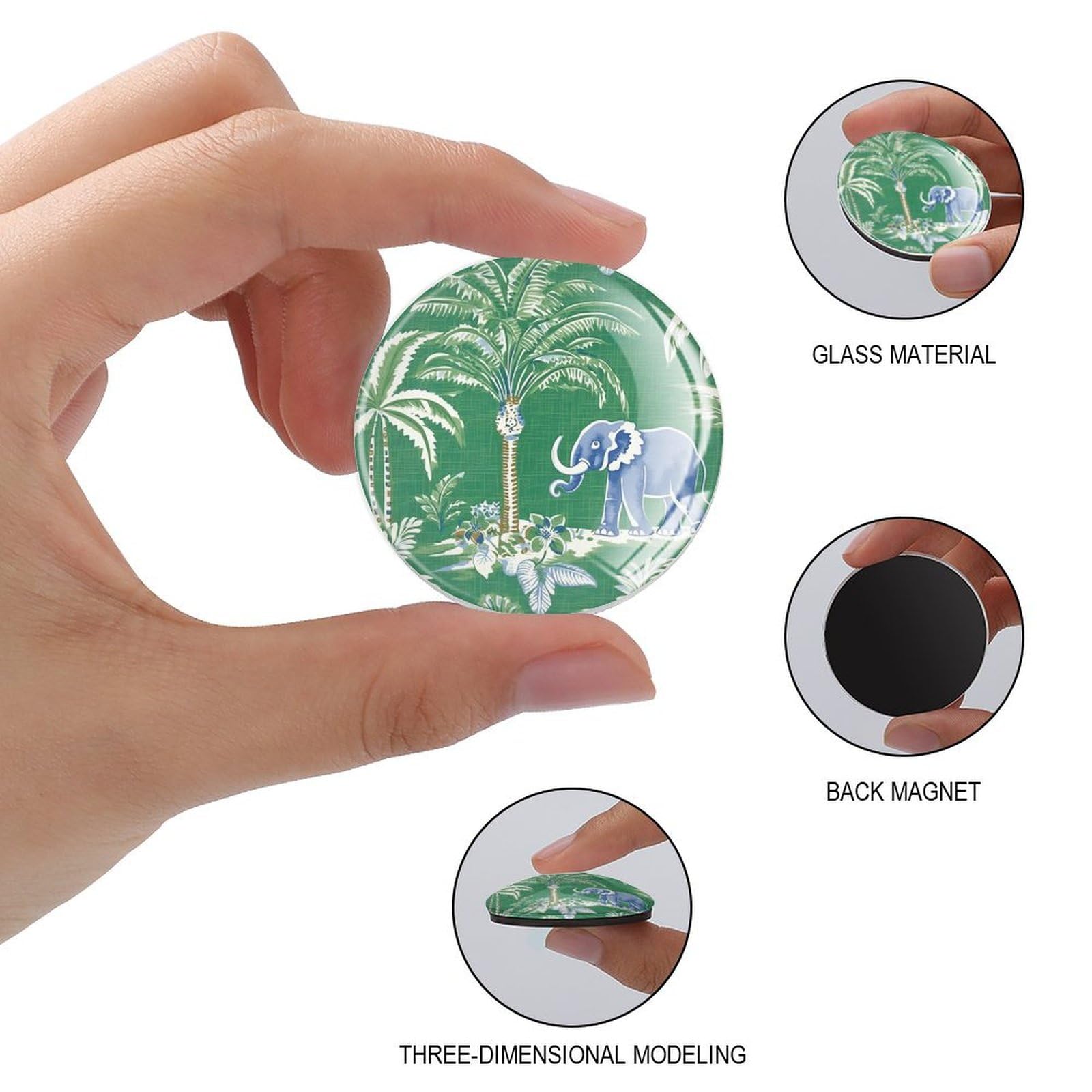 Chinoiserie Kühlschrankmagnete aus Glas, Grün mit Elefant, Esel, starke Magnete, asiatischer Stil, für Kühlschrank, Retro, rustikal, dekorative Magnete, Büro, Küche, Spind, Glas, 4 Stück