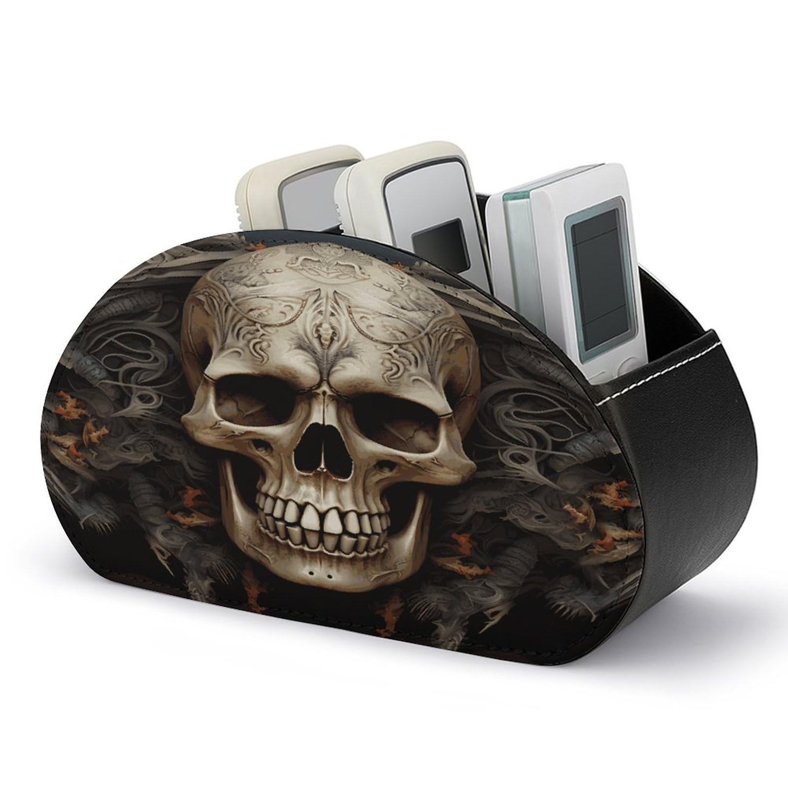 FekiLoot Skulls TV Remote Control Holder with 5 Compartments Multi-functional Leather Bedside Table Remote Caddy Desktop Storage Box for Store Pen Controller Media Player Cosmetic