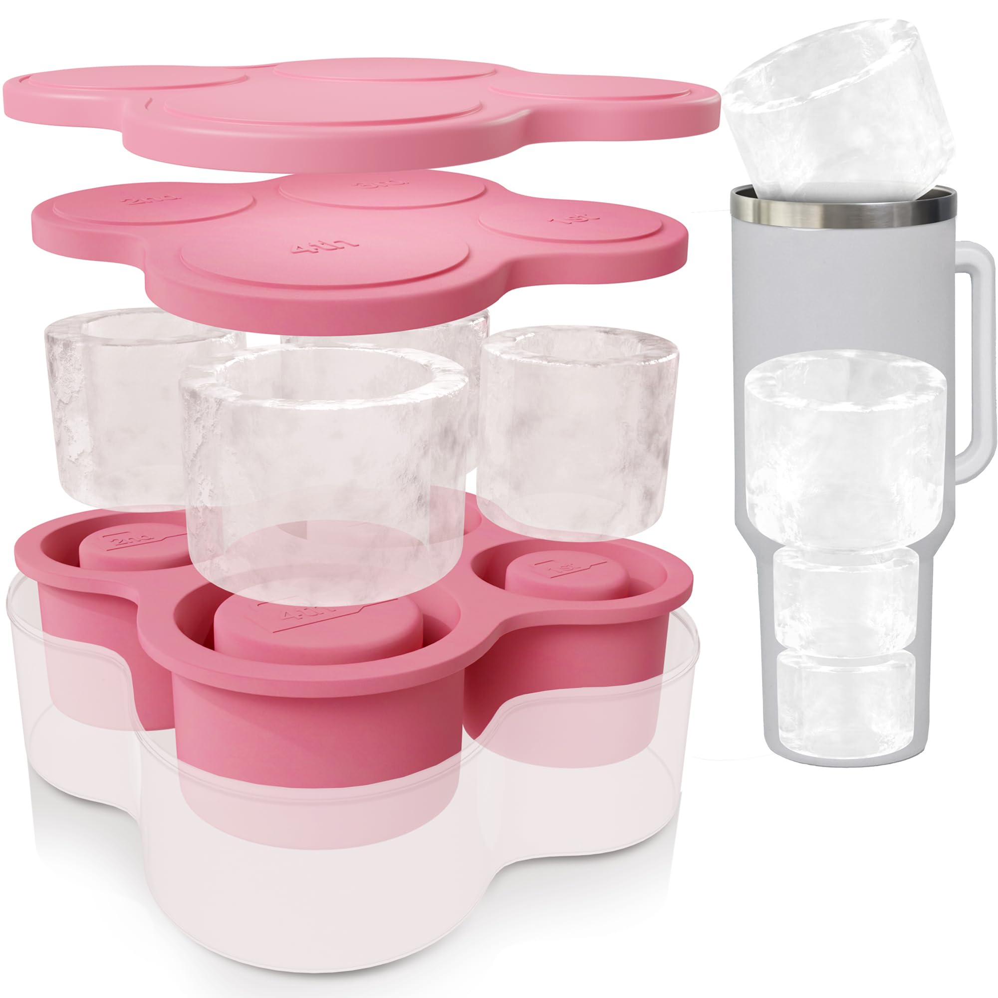4-Ring Silicone Ice Cube Tray for Stanley Cup with Lid and Metal Reusable Straws - Stanley Ice Mold - Stanley Cup Ice Mold - Stanley Cup Ice Cube Mold for 14-40 oz Tumbler, Whiskey, Cocktails, Drinks