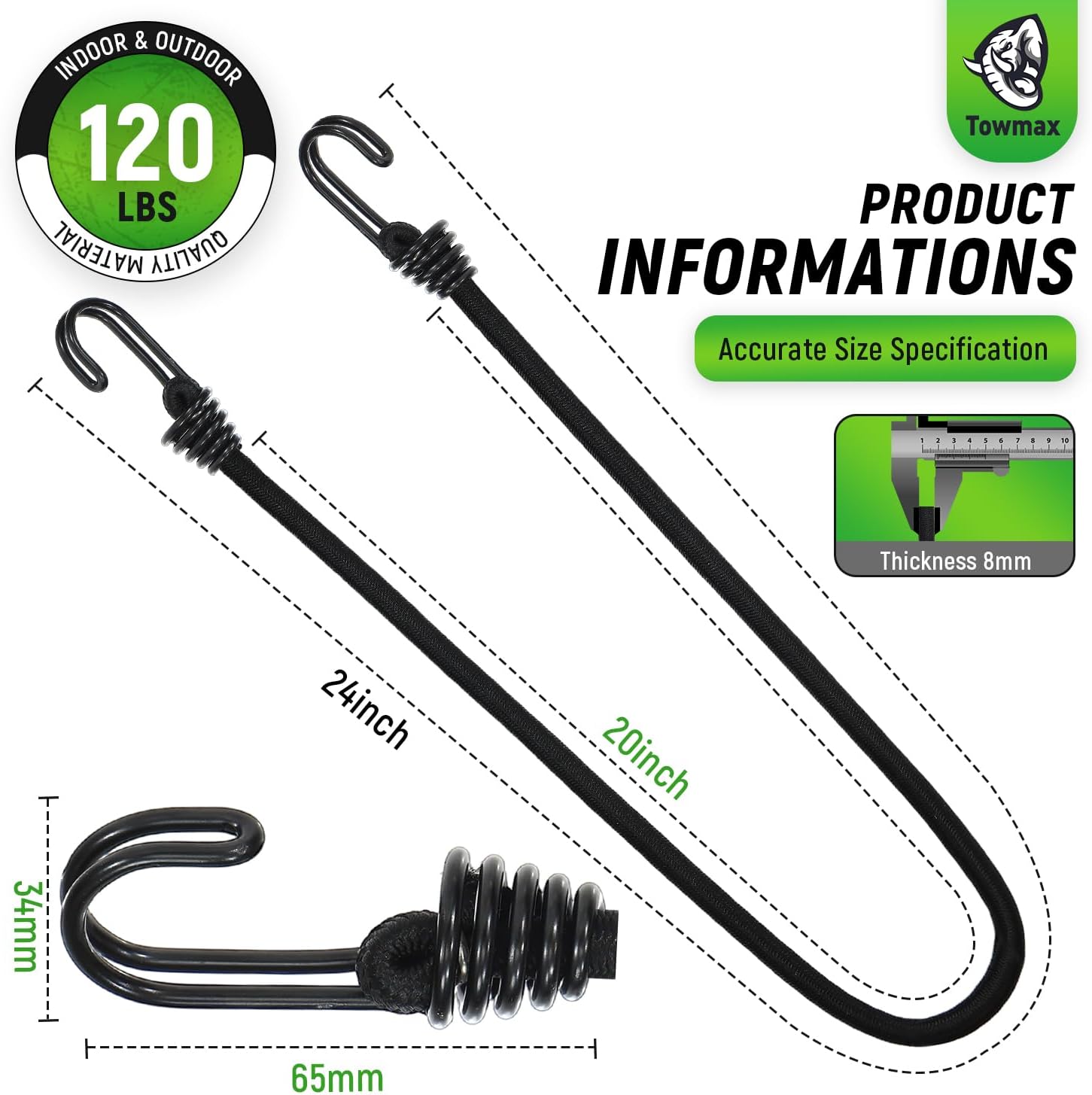 24 Inch Bungee Cord with Hooks, Bungee Cord Heavy Duty Outdoor, No Odour Industrial Grade Bungie Cord for Camping, Kayaking or Fastening Items 12 Pcs (Black)