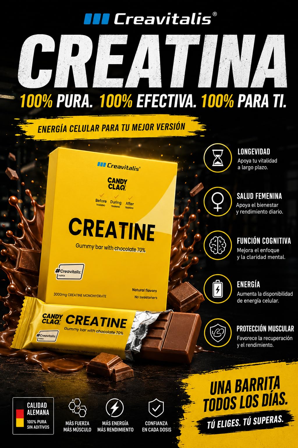 Candy Glam Pack 24 Barritas Gominola | 12 Frutos Rojos con Cafeína, Taurina y Vitaminas + 12 Creatina, Plátano y Chocolate 70% | Snack Deportivo para Energía y Entrenamiento
