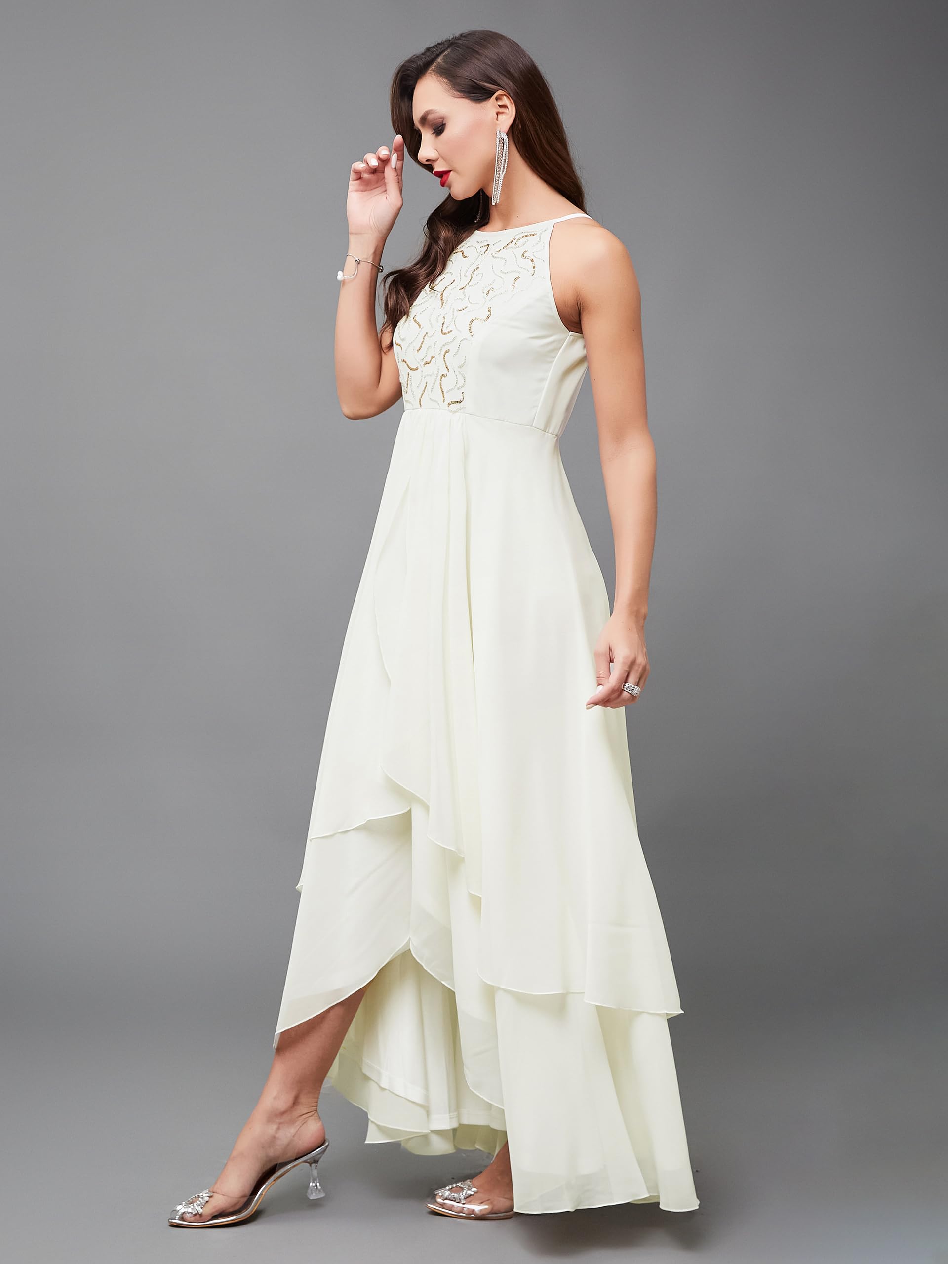 Miss Chase Women's Round Neck Sleeveless Solid Embellished Maxi Dress With Pockets (Mcss24D97-19-114-02, Off White, Xs)