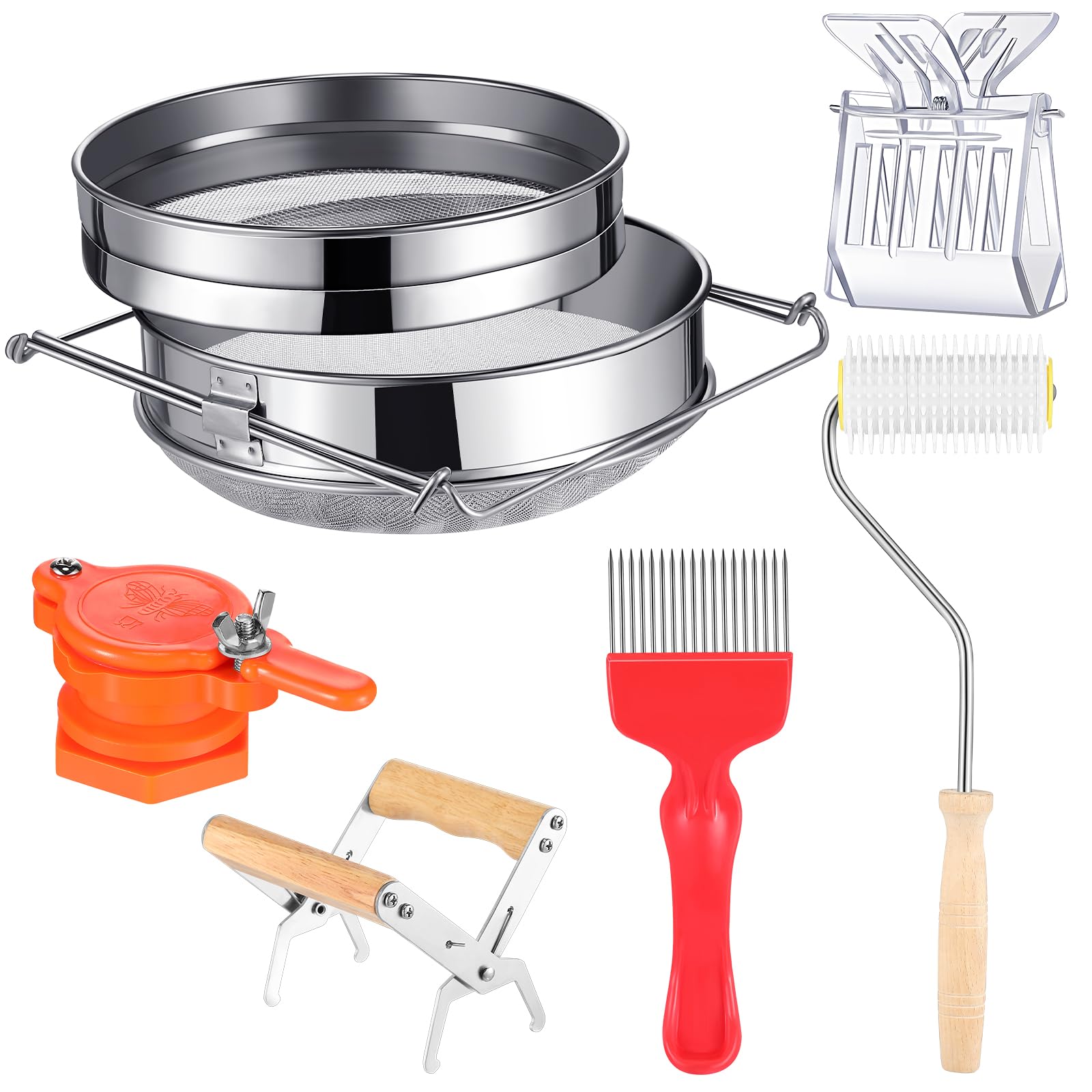 Tandefio El kit de 6 herramientas de apicultura de cosecha de miel incluye colador de miel de acero inoxidable de doble tamiz, agarre de marco, tenedor de destapado, rodillo de aguja para destaponar,