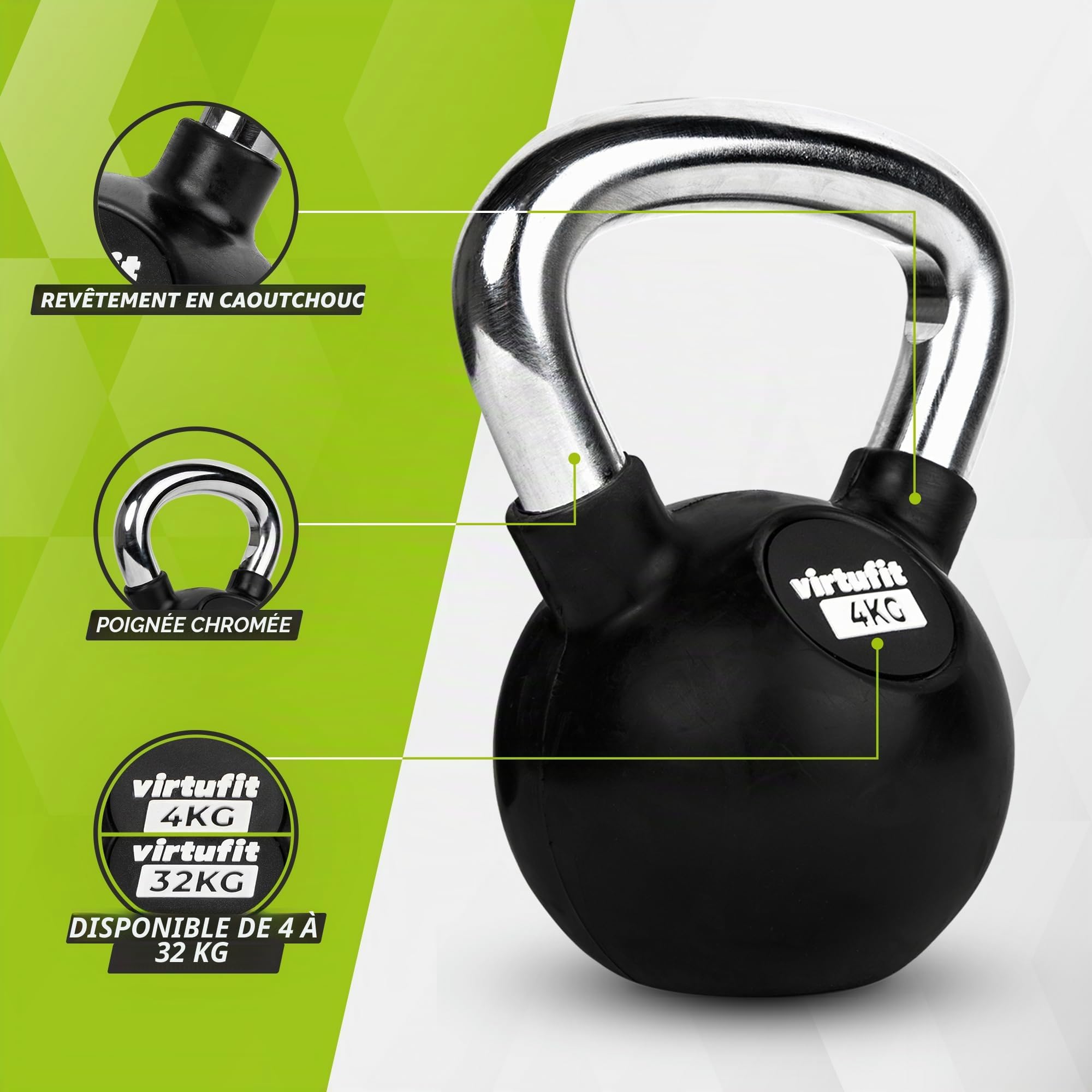 VirtuFit Kettlebell - Caoutchouc - Chromé - 28 kg