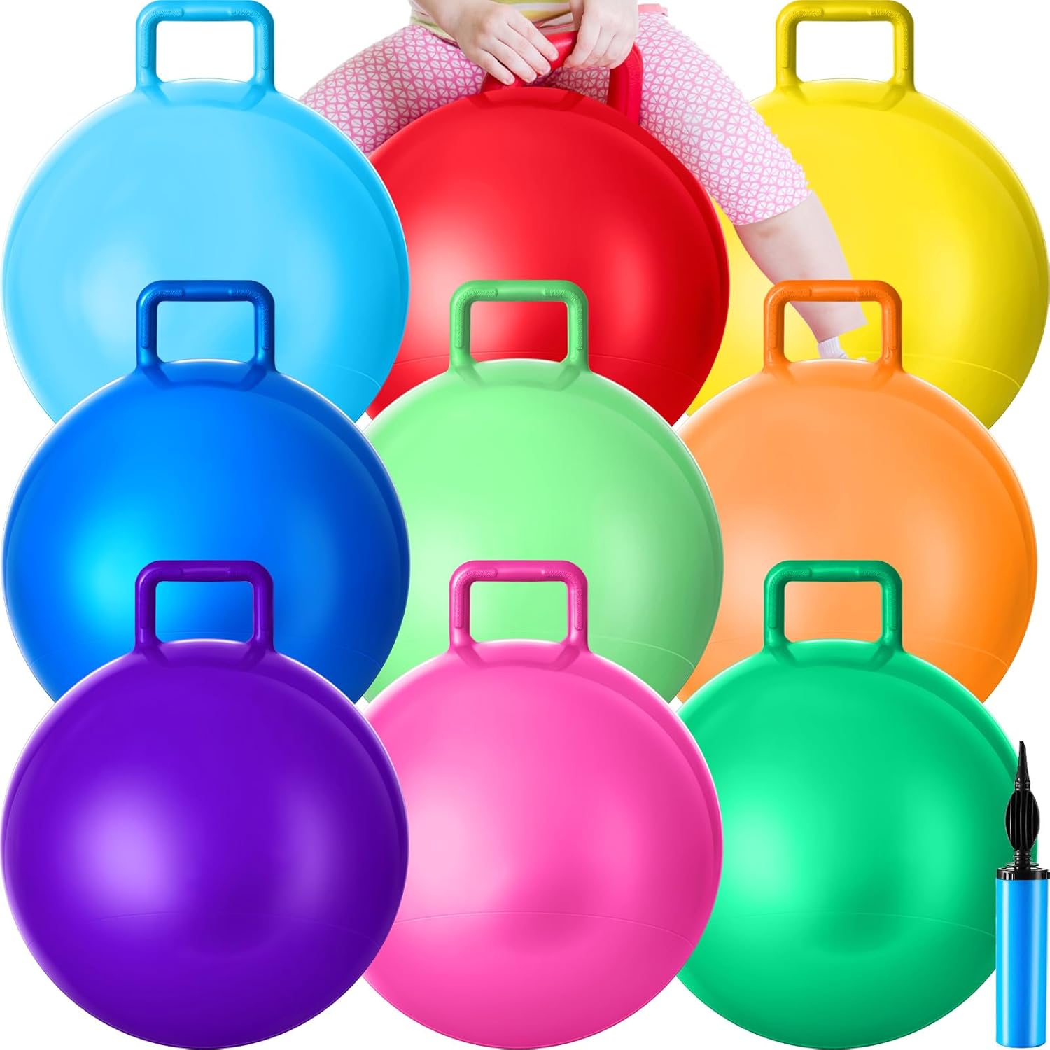 Meooeck 9 Pcs Hopper Ball 15 Inch Outdoor Bouncy Balls with Handles and Air Pump Jumping Hopping Ball for Sports School Games Exercise(Multicolor)