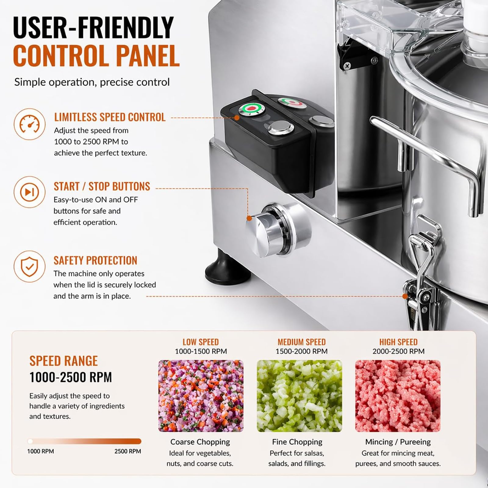 Procesador de alimentos comercial de 6 L, 1800 W, picador eléctrico para carne, verduras, frutas, frutos secos, granos, hielo, acero inoxidable, 1000-2500 RPM, electrodoméstico de cocina