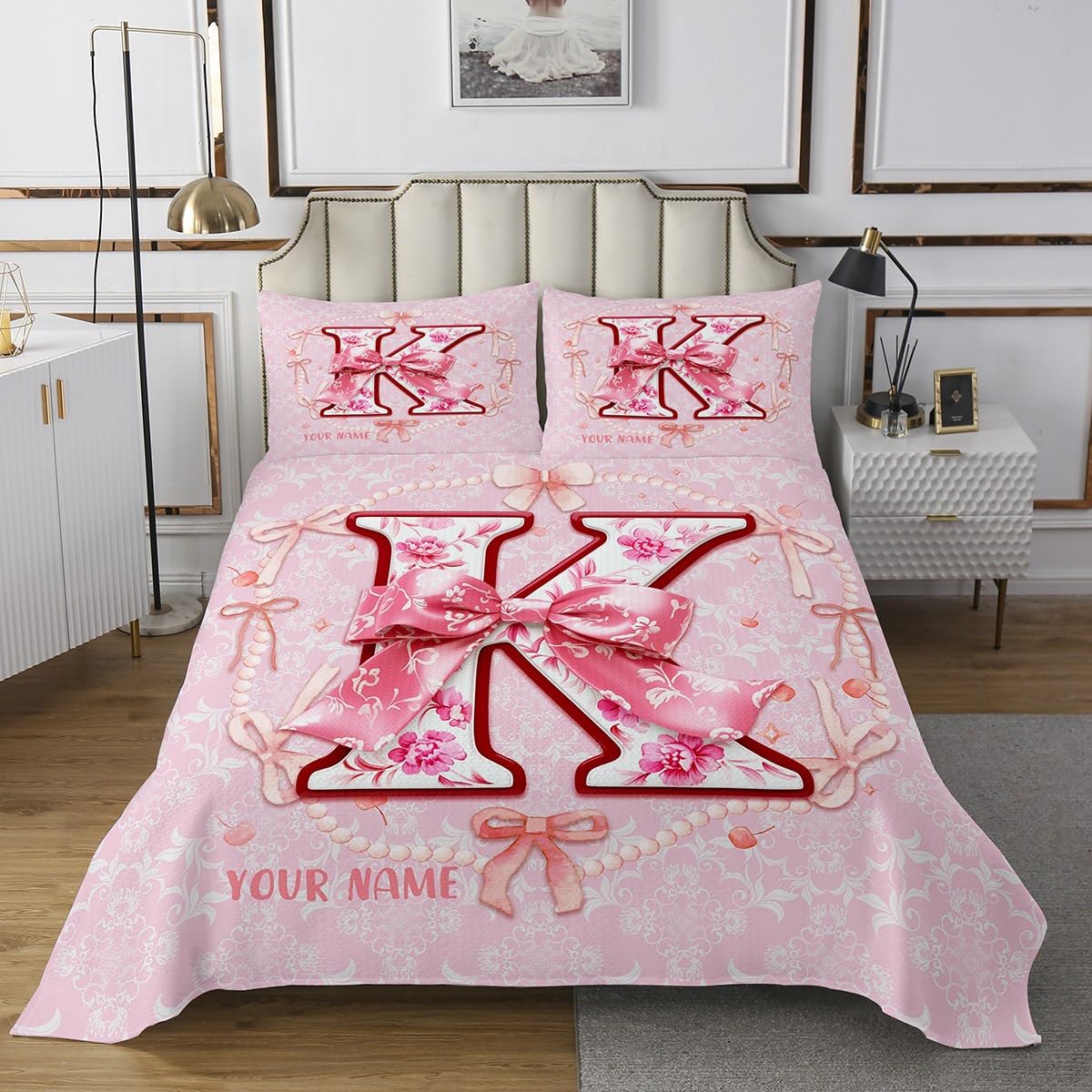 Erosebridal Personalized Coquette Bow Bed Set Queen Coquette Bowknots Bedspread Sets for Girls Kids Teens Fantasy Trendy Aesthetic Preppy Coverlet Set Initial K Bow Gifts for Her/Mom/Daughter(K)