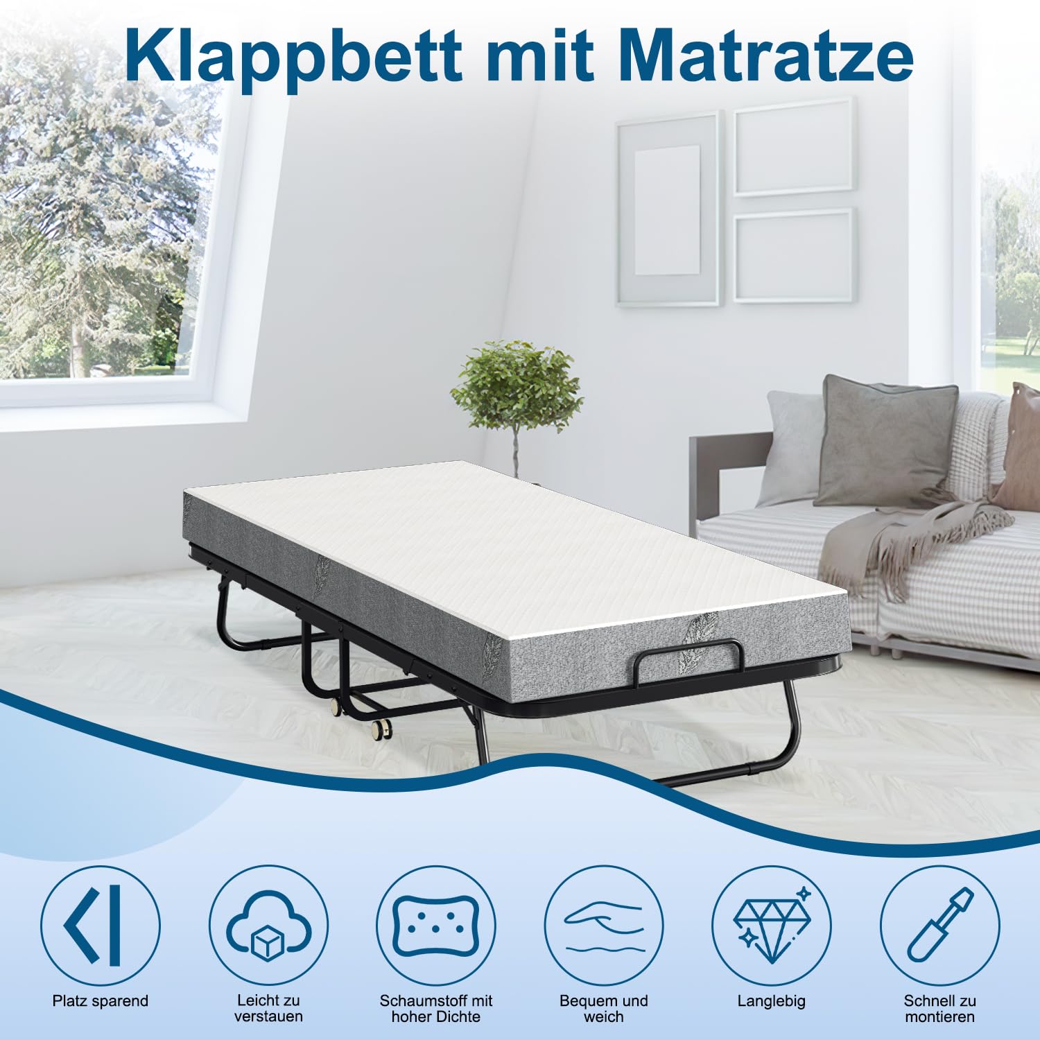 ISOSIL Klappbett 90x200cm Gästebett Klappbarer mit 13CM Schaumstoffmatratze Gästebett Klappbarer Metallbettrahmen Klappbett mit Rollen Klappbares Metallbett 200 kg Belastbarkeit Staubs