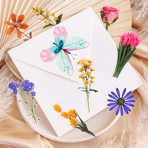 Miniatura 3 de HONGTEYA Juego de 320 calcomanías de mariposa botánica de flores, calcomanías de resina de flores prensadas, calcomanías transparentes estéticas