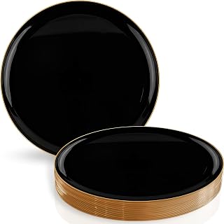 Blue Sky Edge Elegant Disposable 6.3" Black with Gold Rim Plastic Plates - 10 Count | Ideal for Parties and Events