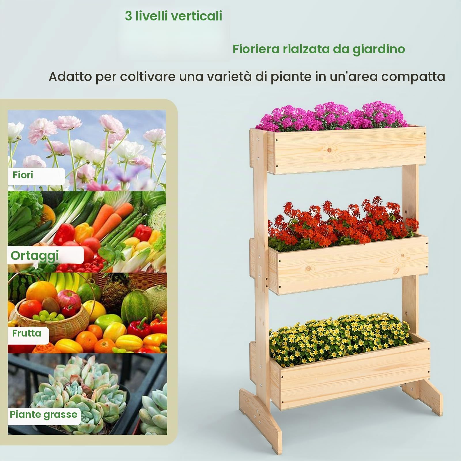 HOMASIS Orto Rialzato da Esterno a Tre Livelli, Fioriera Rialzata a Scala in Legno di Pino con Foro di Drenaggio, Vaso Regolabile per Fiori e Verdure da Giardino, 69 x 39 x 109 cm, Naturale