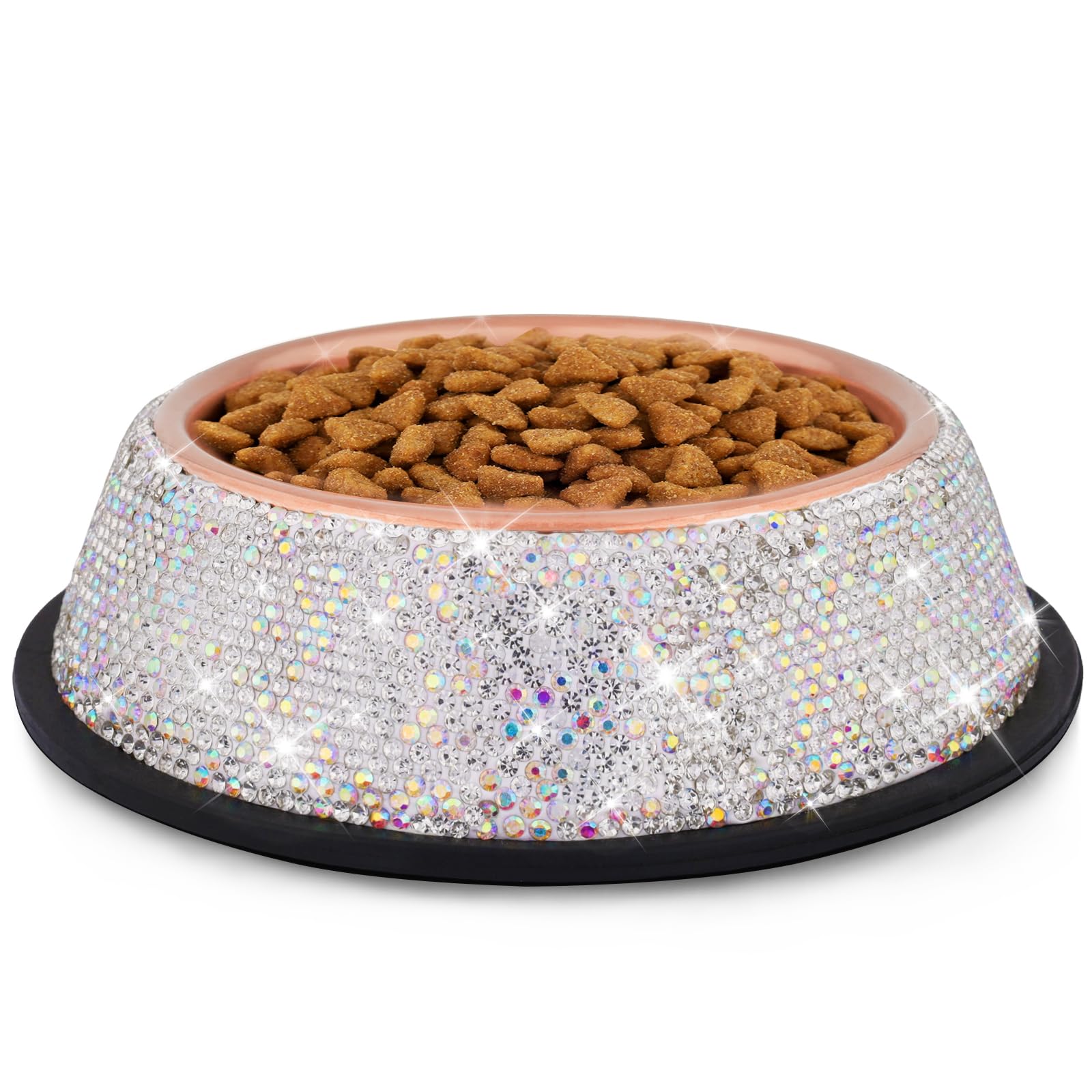 WOOFUU Sparkly Full Rhinestones Designed Rose Gold Stainless Steel Pet Bowl - Stylish and Practical Diamond Food Water Dishes Bowls for Medium Dogs Cats