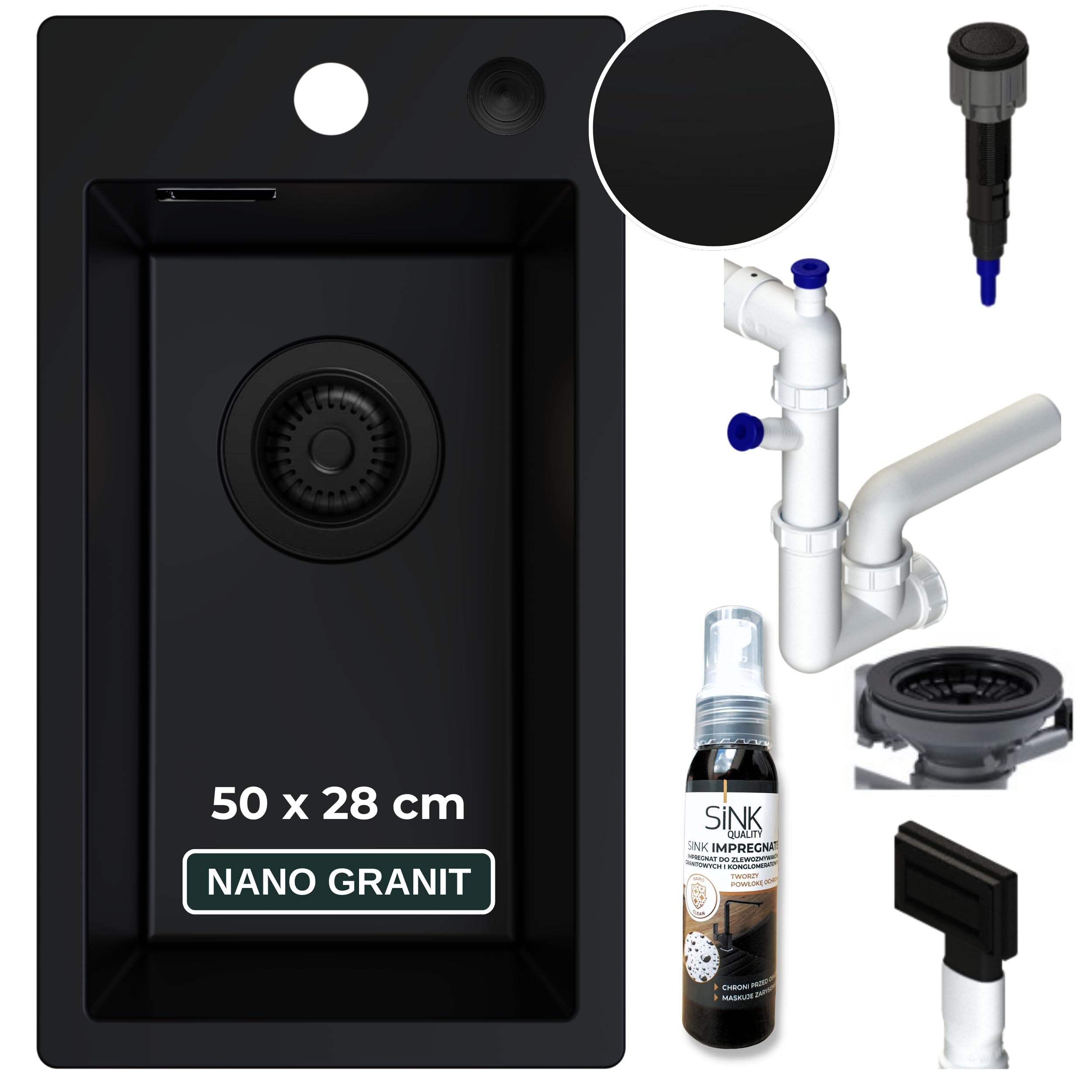 SINK QUALITY Évier de cuisine, petit, noir, 28 x 50 cm, étroit, avec siphon Push noir et agent d'imprégnation, petit évier en granit pour armoires inférieures à partir de 40 cm, encastrable