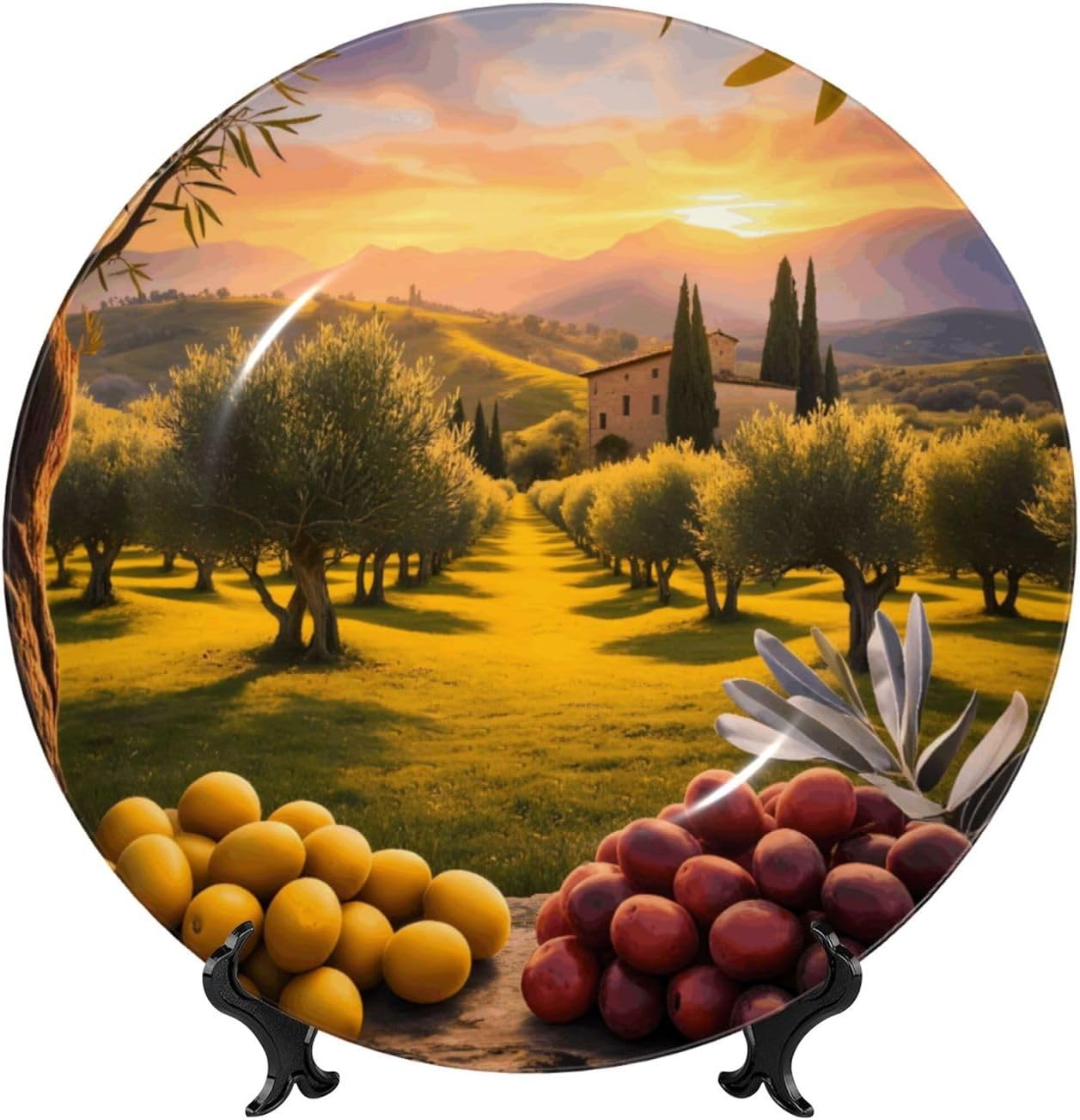 Wine Harvest Sunset View Style Ceramic Plate Display Decorative Plate With Stand Wall Hanging Plate For Home Decor 10 Inch