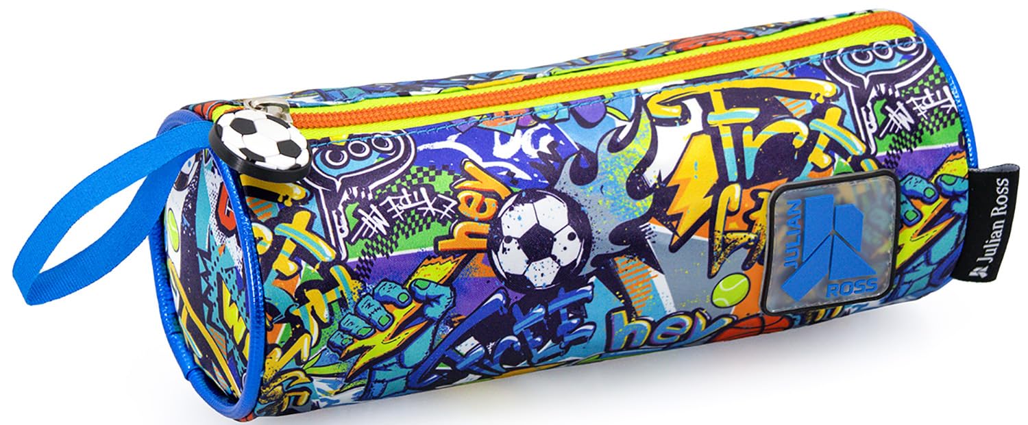 Julian Ross Astuccio Tombolino per Bambino Sport Portapenne Cilindro Scuola Azzurro 21x8 cm Chiusura Zip Poliestere