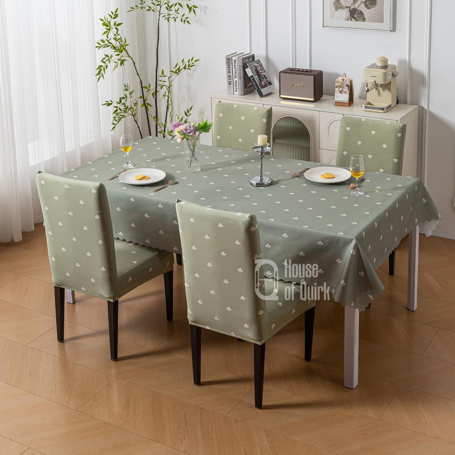 House of Quirk Dining Table Cover Waterproof with 4 Chair Covers for Kitchen Dining Table Cloth Dust and Oil Repellent (Neem Buti, 1 Table Cover + 4 Chair Cover)