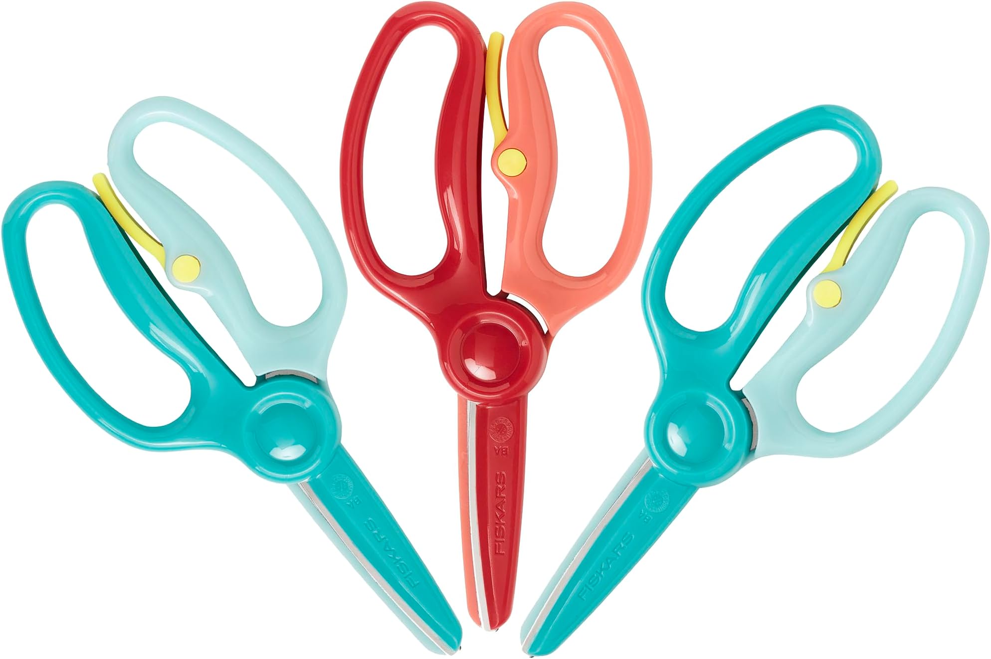 Training Scissors for Preschoolers Ages 3+ (3-Pack), Small Kids Safety Scissors with Training Lever, Easy to Use, Preschooler Art Supplies, Back To School, Turquoise and Red