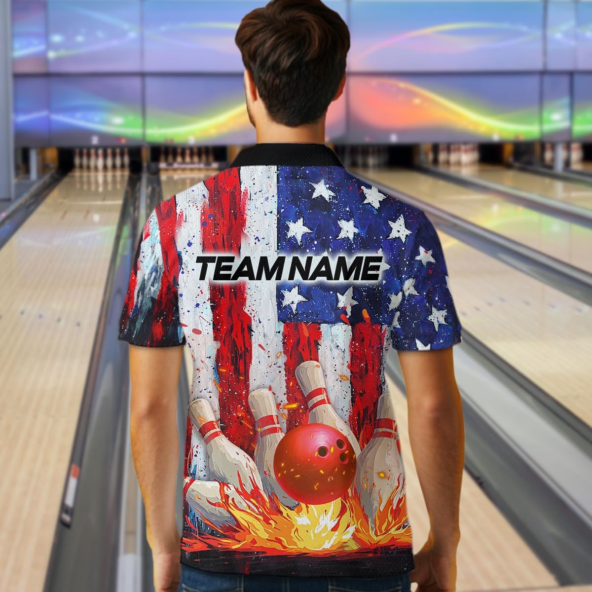 American Flag Fire Bowling Shirt Custom Fire Bowling Jersey for Men Women Patriotic Bowling Polo & 1/4 Zip Shirt for Bowlers