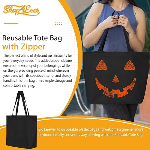 Miniatura 10 de shop4ever Bolsa de lona pesada naranja Jack O' Lantern con cara de calabaza para Halloween, truco o trato con cremallera, bolsa de compras