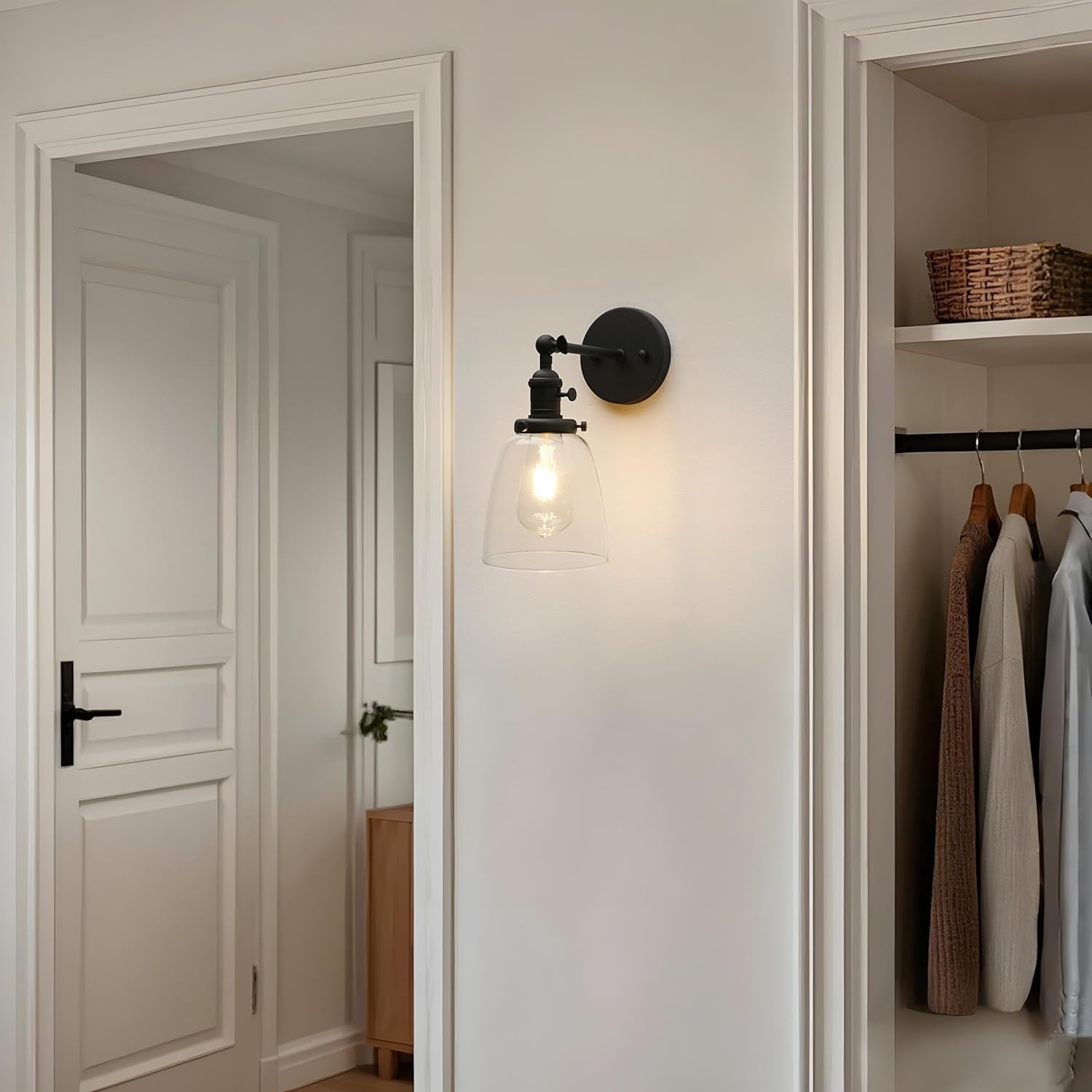 Pathson Vintage Hardwired Wall Sconce with On Off Switch, Clear Glass Black Vanity Light, Indoor Wall Lighting Fixtures for Bathroom Bedside Garage Porch Cafe Club