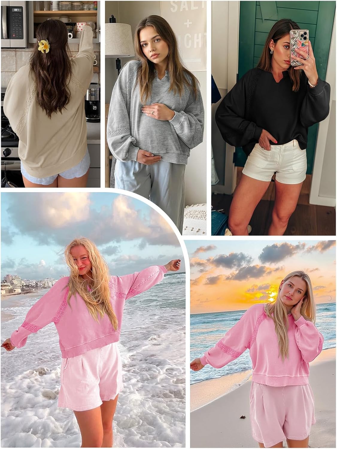 Fisoew Womens Oversized Sweatshirt Casual V Neck Lace Lantern Long Sleeve Cropped Loose Fit Fall Pullover Tops - Image 5