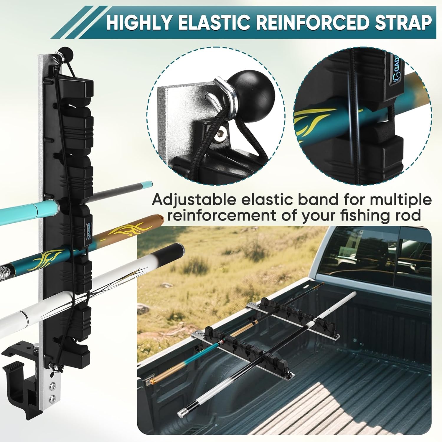 GADFISH Fishing Rod Holder for Truck Bed, Hold 6 Fishing Rods at Once, Adjustable Fishing Rod Holder Fits Most Fishing Rods, 2 Mounting Options