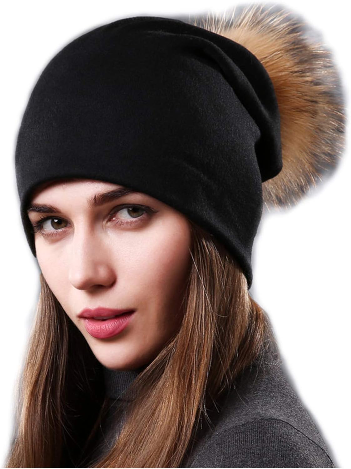 xsby Womens Knitted Beanie Ski Hat with Fur Pom Pom xsby Womens Knitted Beanie Ski Hat with Fur Pom Pom