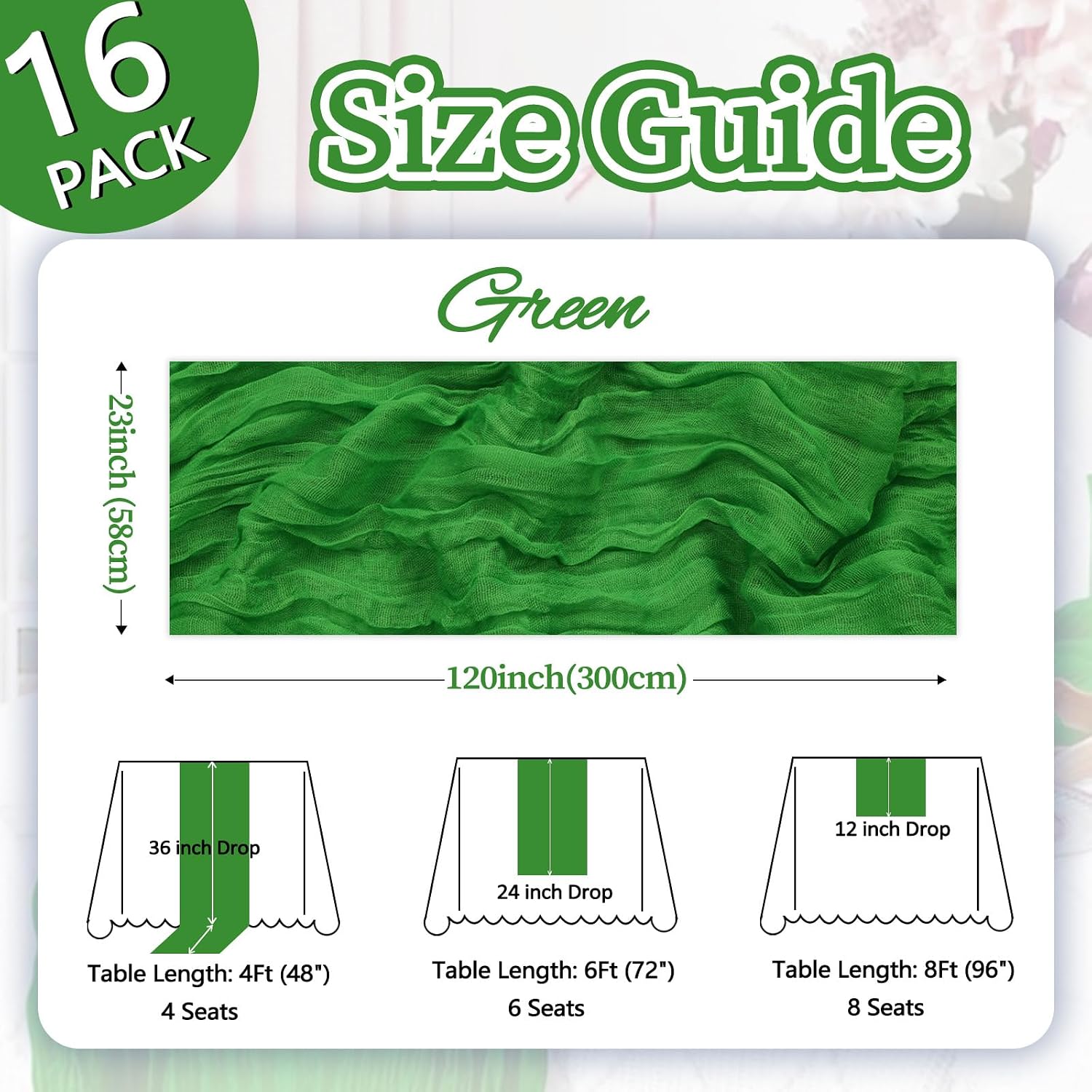 16 Pack Green Cheesecloth Table Runner 10ft Boho Gauze Fabric 120 Inch Cheese Cloth Table Runner Rustic Sheer for Holiday Baby Shower Party Décor Home Wedding Decoration Green 16 Pcs - 10Ft