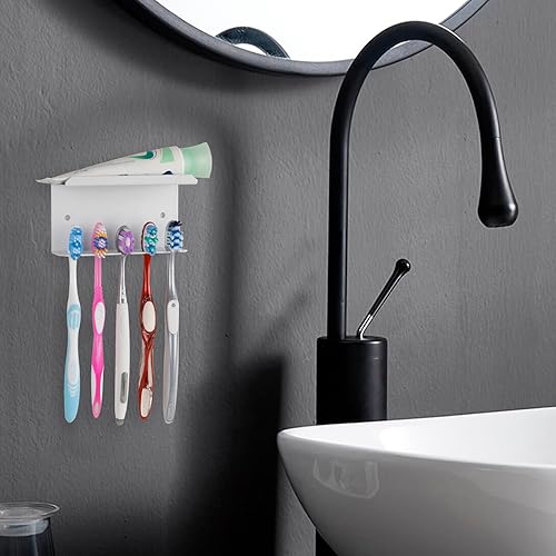 Miniatura 4 de Linkidea Soporte para cepillo de dientes montado en la pared para ducha, autoadhesivo de aluminio, 5 ranuras, cepillo de dientes y pasta de dientes,