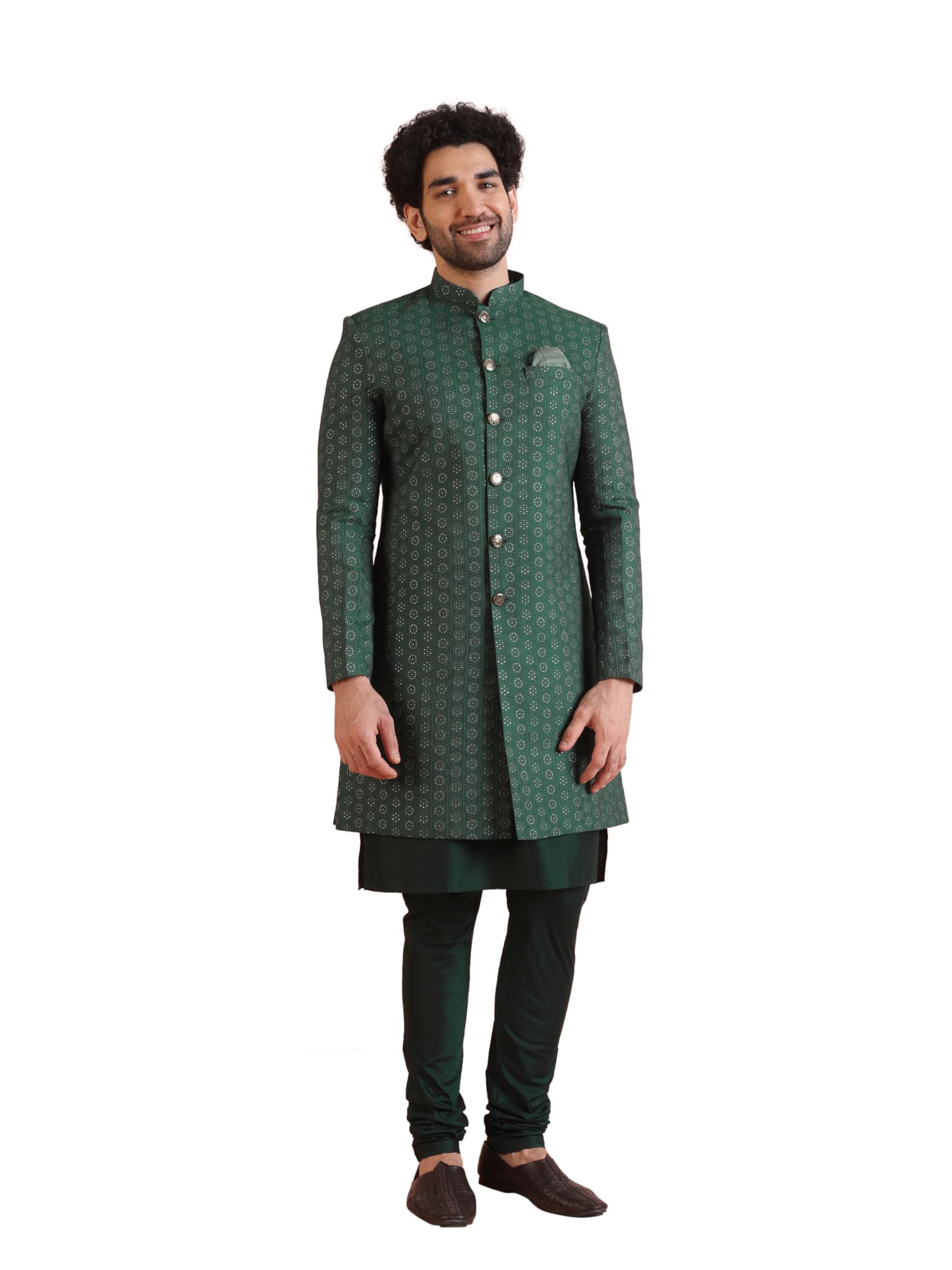 kisah Men's Kurta Indo-Western Sherwani Churidar Set, Green Silk Blend, Woven Design Regular Fit Mandarin Collar Long Sleeves-picture-13