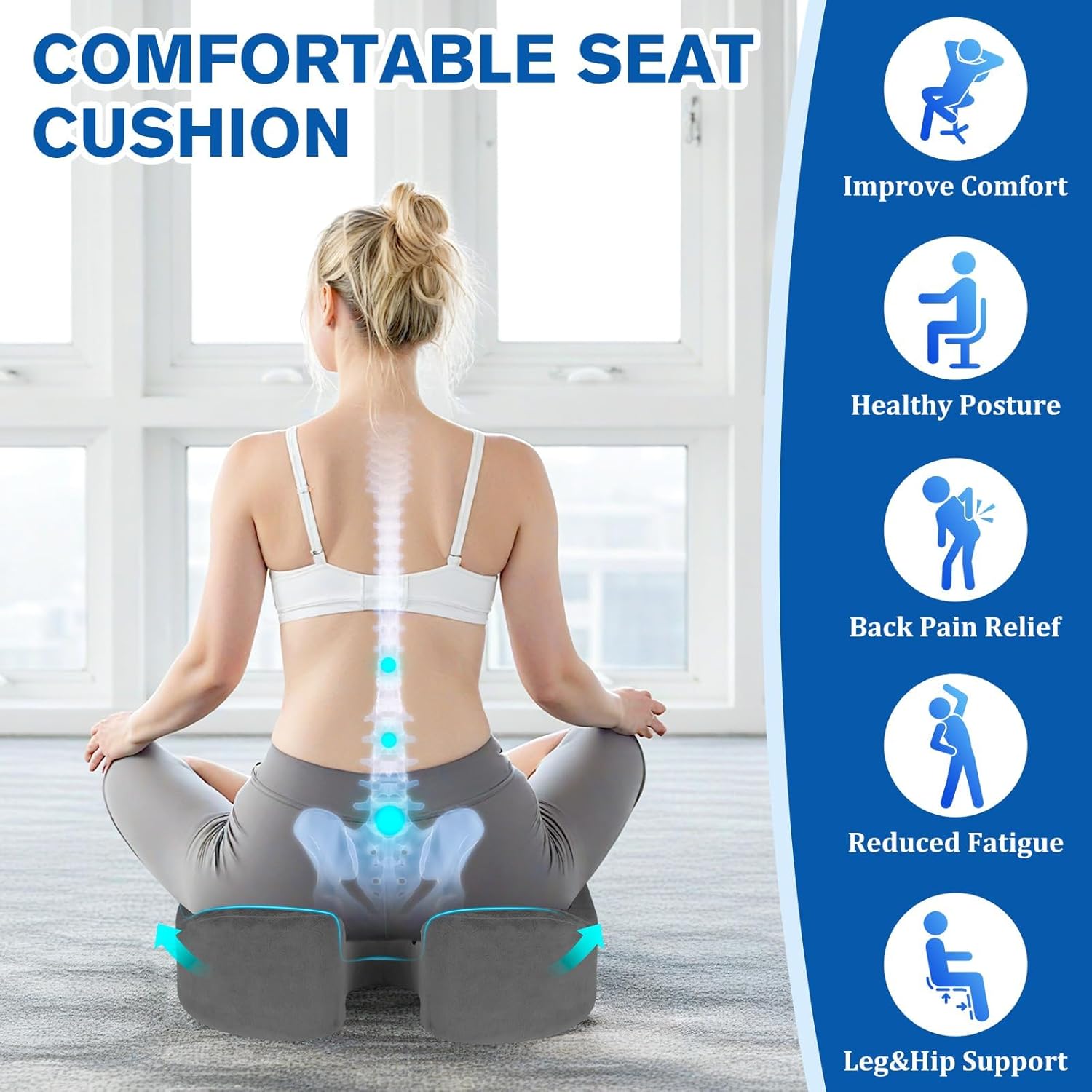 Seat Cushion, Gel Chair Cushions, Office Chair Cushions, Anti-Slip Bottom & Removable Cover Tailbone Pain Relief Cushion, Memory Foam Seat Cushion for Office, Wheelchair, Car (Grey) - Image 5