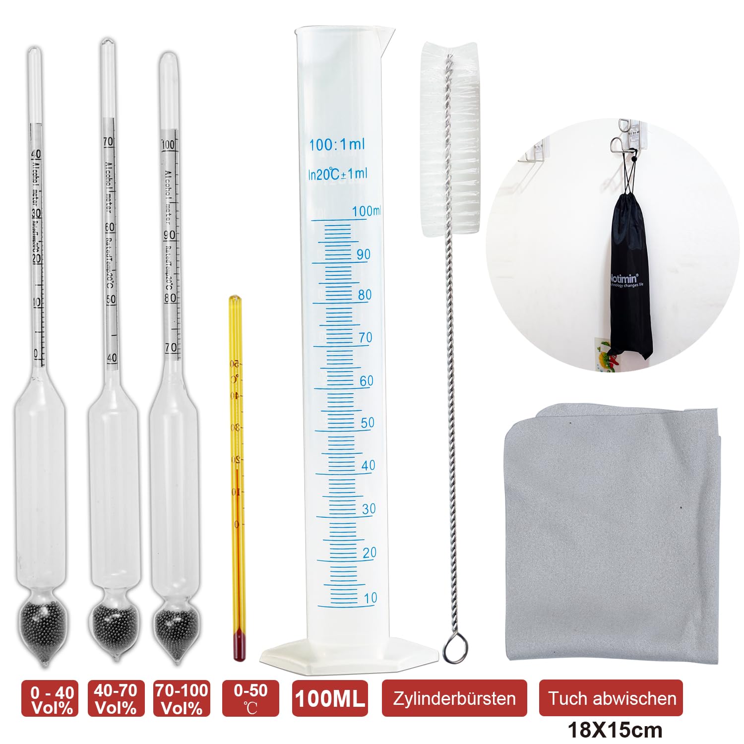 alcolometro 3 Pezzi 0-100Vol% di idrometro Alcoholmeter Tester Set Alcohol Vinometer + Termometro, per Grappa, Distillati,Whisky, Brandy, Wodka, Spirito