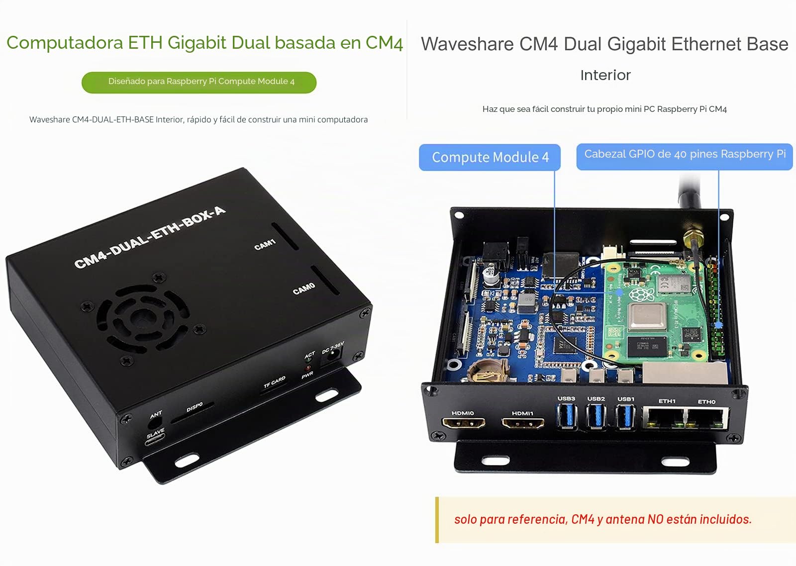 Dual Gigabit Ethernet Mini Ordenador Basada en Raspberry Pi Compute Module 4 (NO Incluida), Waveshare CM4 Base Dual Eth Interior, Estuche de Metal, con Ventilador de Refrigeración
