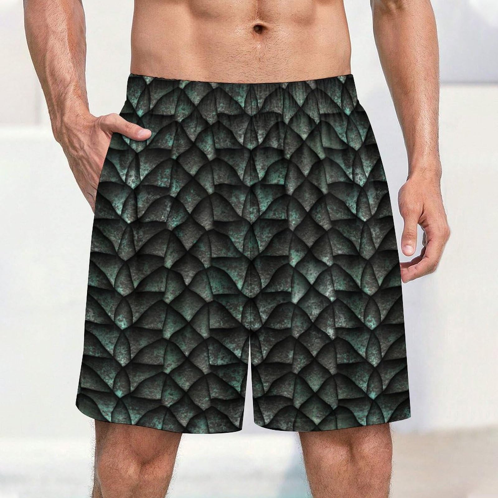 Dragons Scales Shorts Male Beach Short Pants Elastic Waist Sleep Pant Loose Trunks Hiking Bottoms 2XL Green