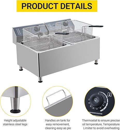 Miniatura 6 de Freidora comercial, freidora eléctrica de doble tanque de 22 litros con cesta, freidora eléctrica de encimera, para cesta de freír gruesa extra