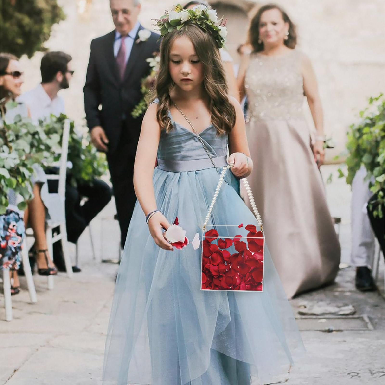Set di 2 cestini per fiori, per matrimonio, con manico in perla, in acrilico, per coriandoli, decorazione per matrimoni (perla)