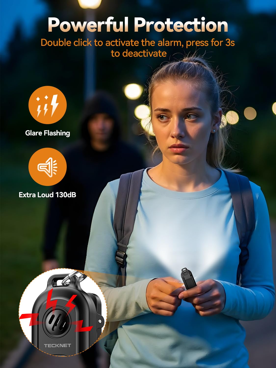 TECKNET 130dB Personal Alarms for Women with SOS Strobe Light Rechargeable Clip On Torch & IPX4 Waterproof Running Lights - Image 3