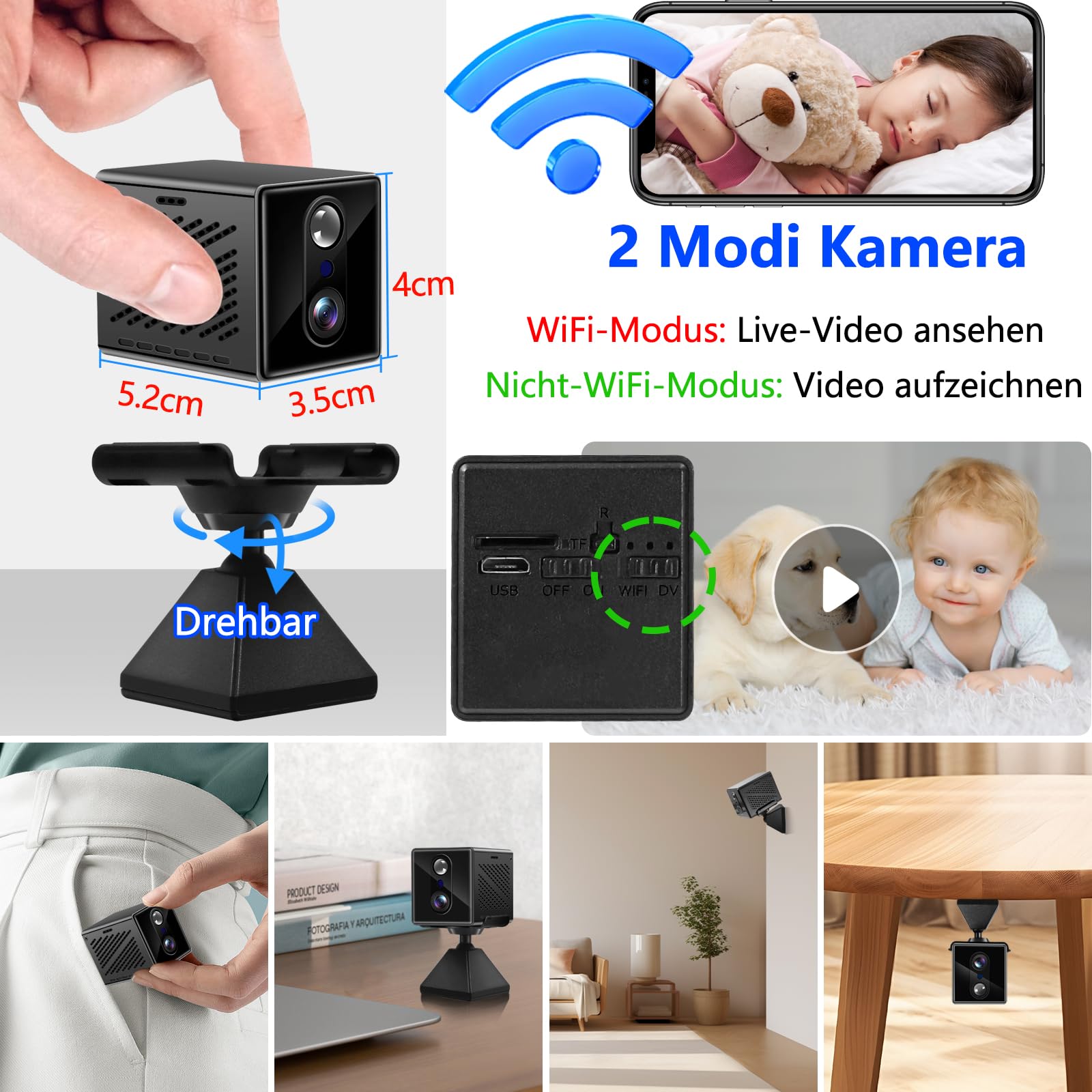 Mini Kamera 2K WLAN 140° Weitwinkel, Nachtsicht & PIR-Bewegungserkennung | 8h Akku, Zwei-Wege-Sprache, 2300mAh, WiFi- & DV-Modus, 20 Tage Standby
