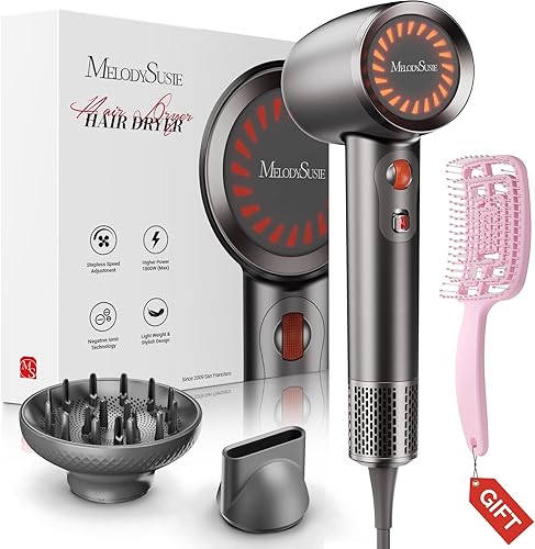 MelodySusie Kit de secador de pelo compacto para mujer, 120,000 rpm, 1600 W, secado rápido, de alta velocidad, kit de regalo con difusor, cepillo
