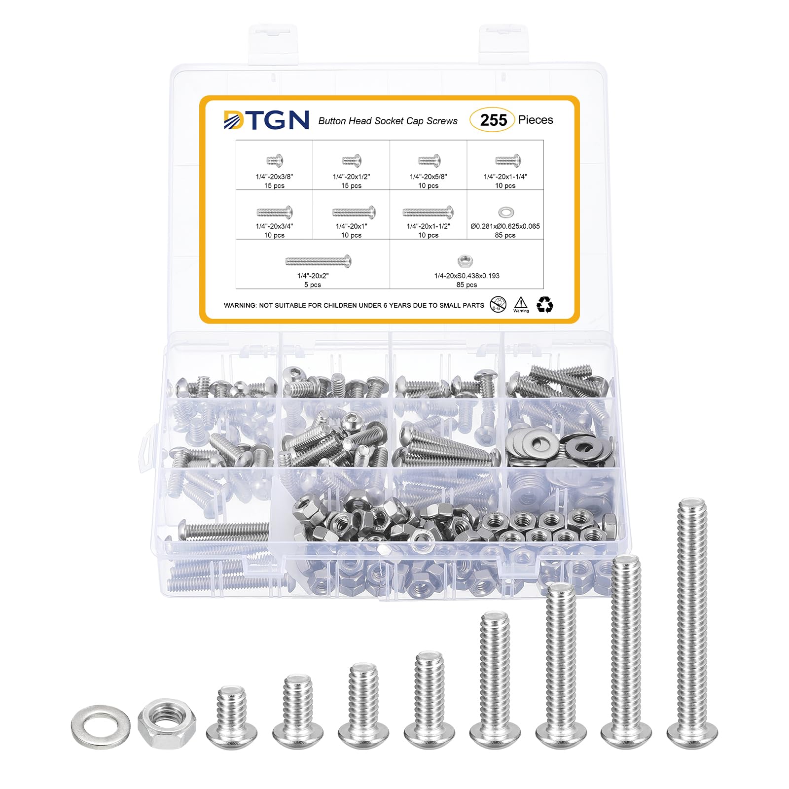 DTGN 255Pcs 1/4-20x3/8" to 2" Button Head Socket Cap Screws, 304 Stainless Steel Bolt Nut Set Washer Assortment Kit