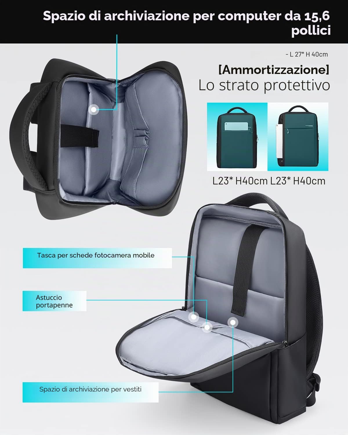 MARK RYDEN Zaino Sottile per Computer Portatile 15,6 Pollici, da Viaggio D'affari, Lavoro Idrorepellente, Scuola Leggero per Uomo - 3 Tasche