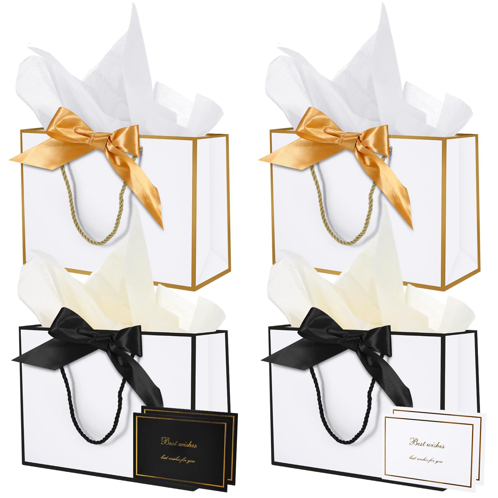 4 Sacs Cadeaux Luxe Champagne Et Gris Avec Rubans, Cartes Et Papier De Soie - 28x20x9 Cm