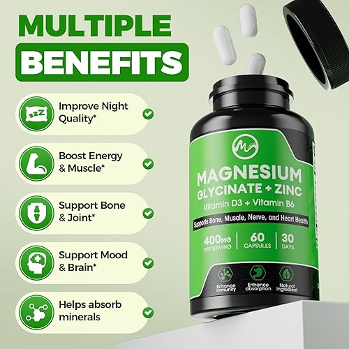 Miniatura 3 de Paquete de 2 cápsulas de glicinato de magnesio, suplemento de magnesio de 400 mg con zinc, vitamina D3 y B6, altamente biodisponible y absorción,