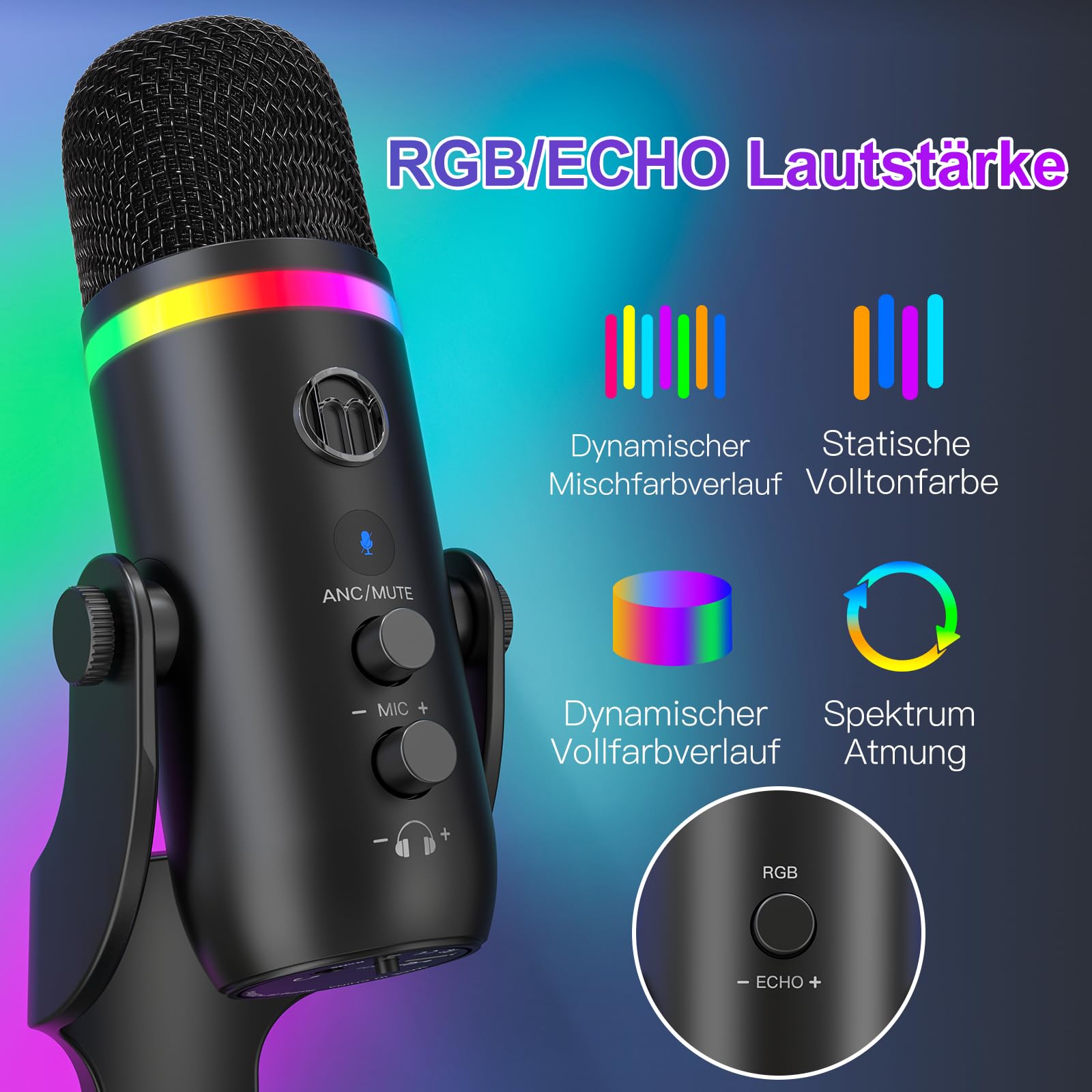 zealsound USB Mikrofon, RGB Gaming Mikrofon für PC, Handy & iPhone, mit Rauschunterdrückung, Stumm & Echo, Kondensator-Tischmikrofon für Podcast, Streaming, Twitch, YouTube, Discord auf Windows & Mac