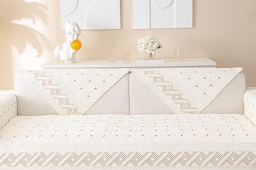 Miniatura 6 de vctops Funda acolchada de algodón de color liso para sofá, con patrón de tejido suave, funda de sofá modular con bordado antideslizante para perros,