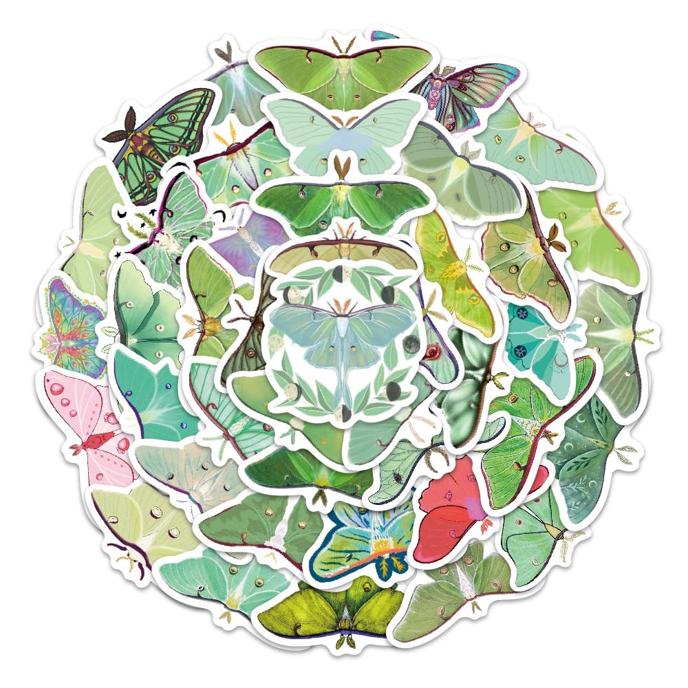 54PCS Cute Luna Moth Stickers for Water Bottle,Bumper,Phone,Suitcase,Computer,Notebook,Laptop,Cartoon Green Moth Insect Kawaii Waterproof Vinyl Sticker,Teens Adult Decal,Aesthetic Graffiti Decals — image 1