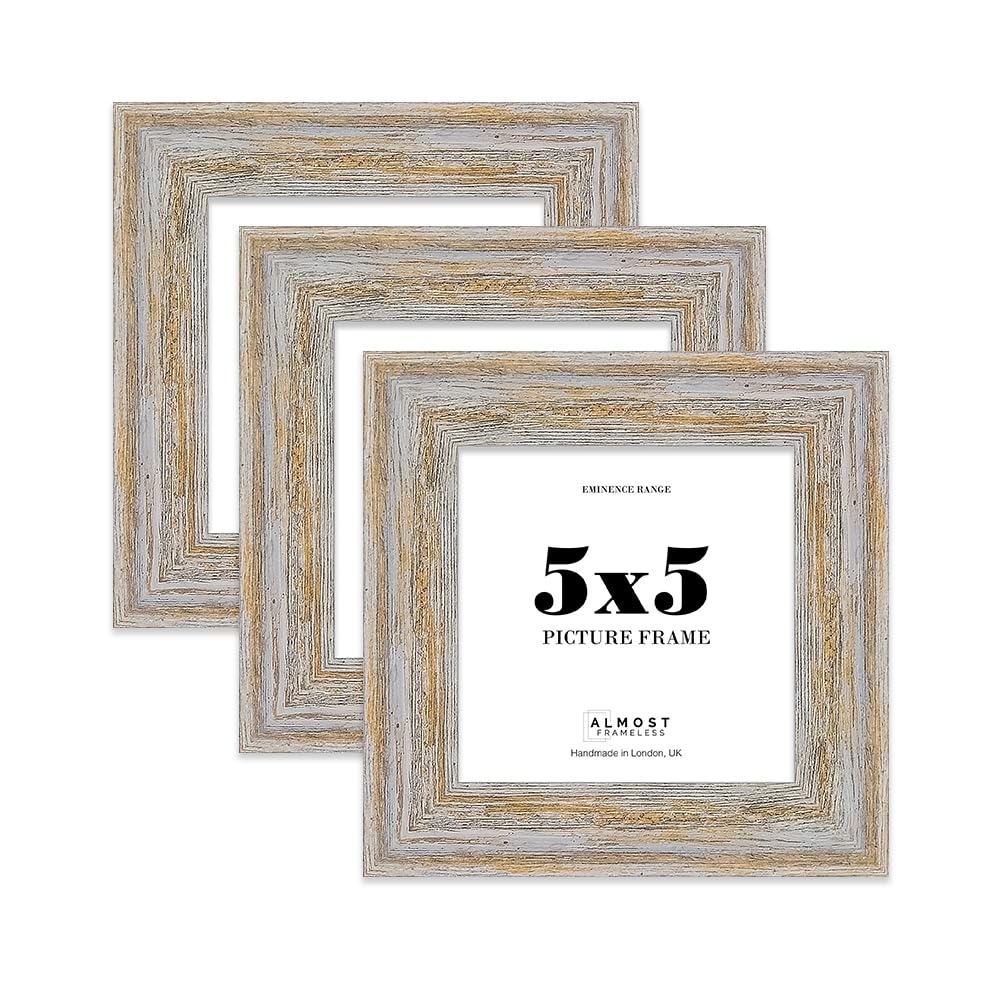 5x5" Walnut Woodgrain Picture Frame - Rustic Wood Industrial Effect Photo Frame for Wall Display, Ideal for Posters, Prints & Home Décor, Wall Hooks and Kickstand, 32mm Edge - 3 Pack
